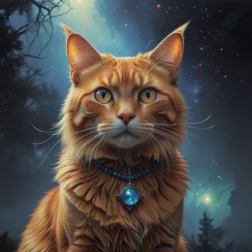 Regal Orange Tabby Cat Wears Celestial Necklace