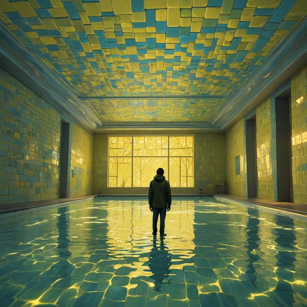 Eerie Figure Beside Fluorescent Pool