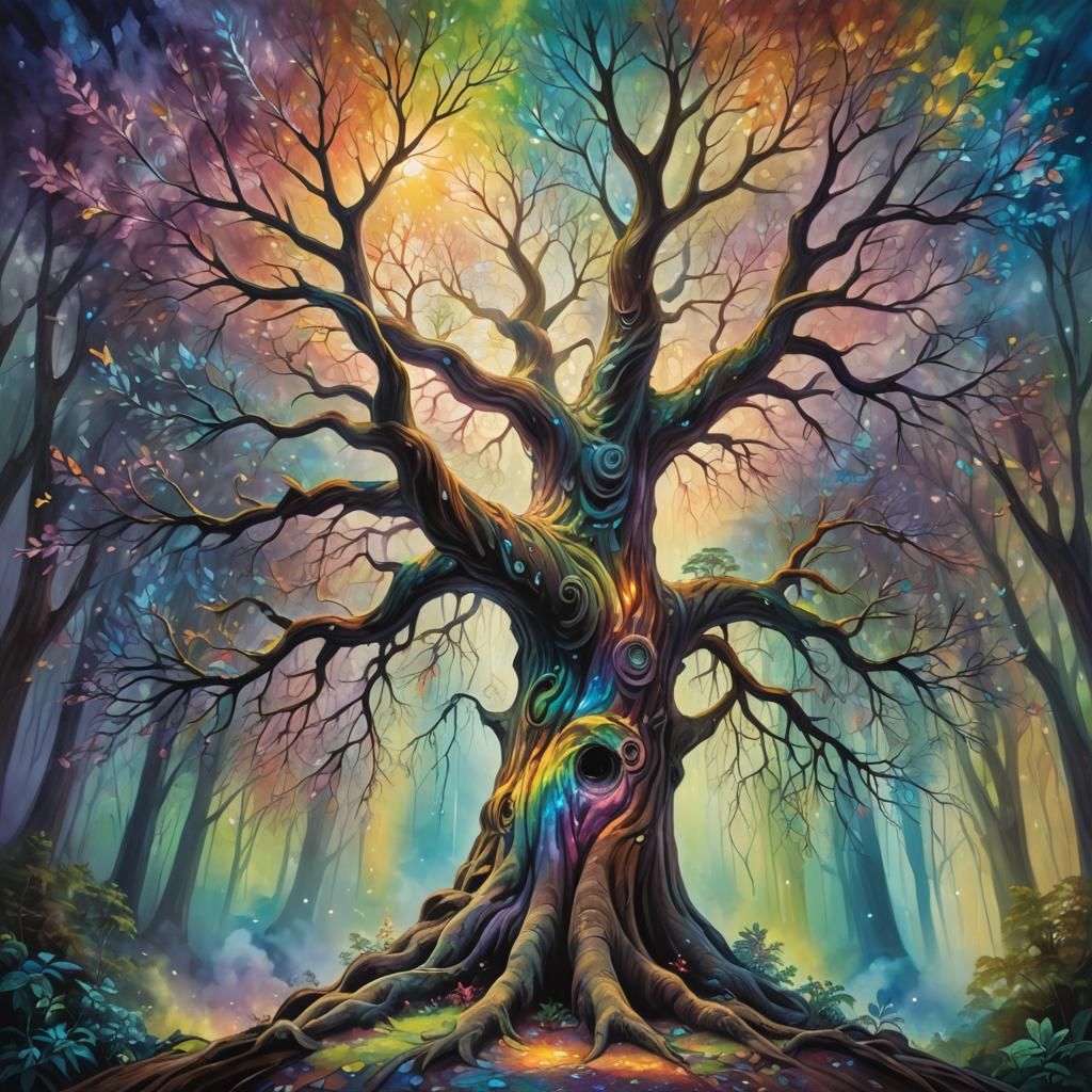 Mystical Rainbow Tree in Dreamlike Forest