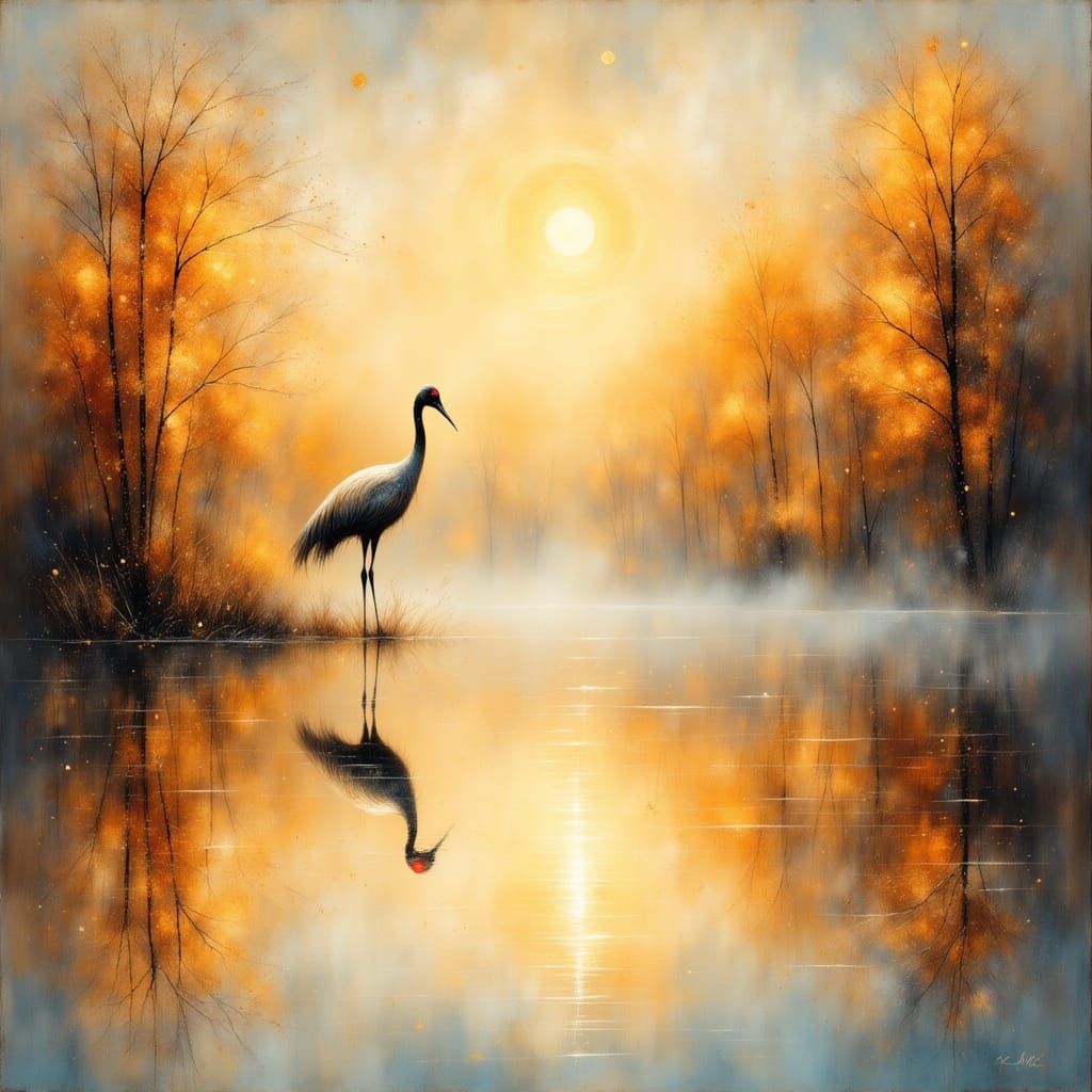 Winter Crane on Autumn Lake in Watercolour Style