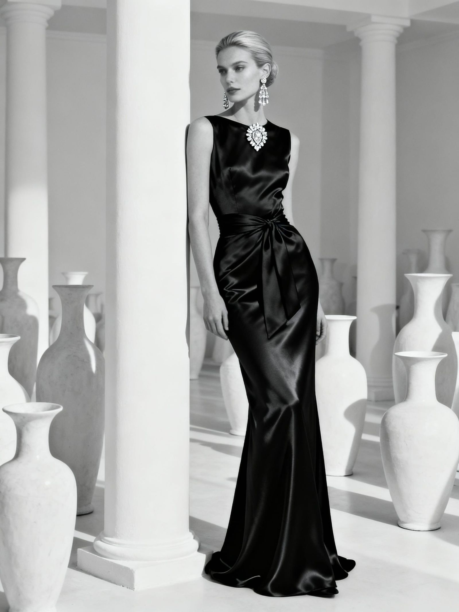 Elegant Woman in Black Silk Gown Posing by Pillars