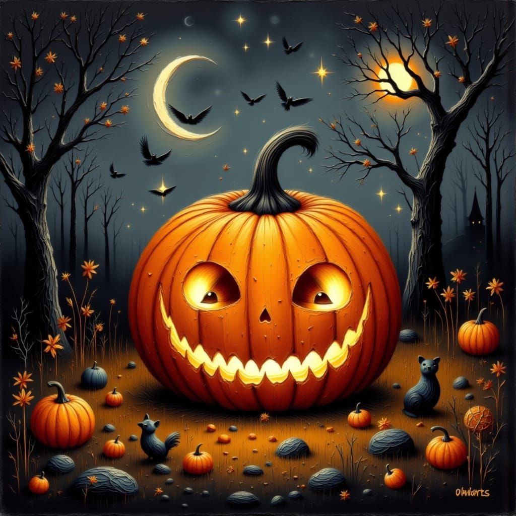 Whimsical Jack o Lantern in Moonlit Woodland