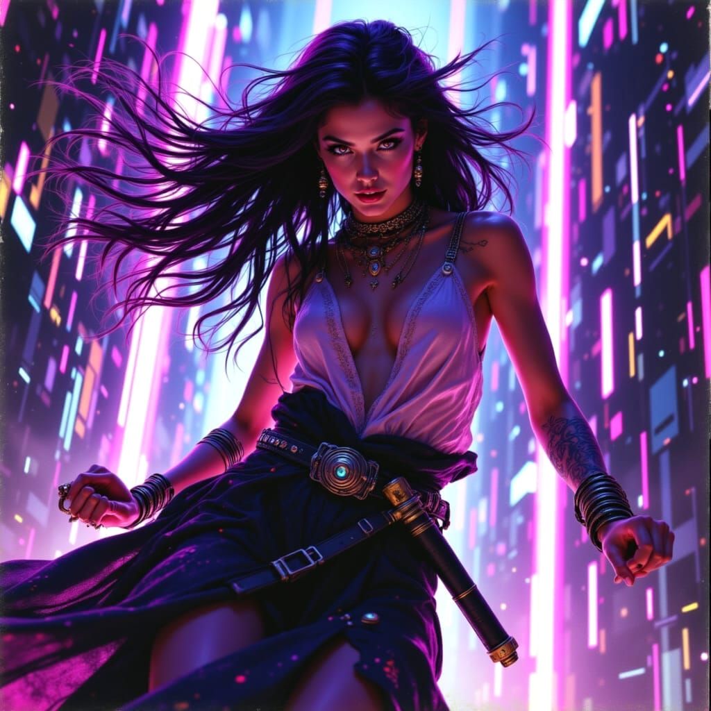 Confident Cyberpunk Ninja Pirate Woman in Murraypunk Style
