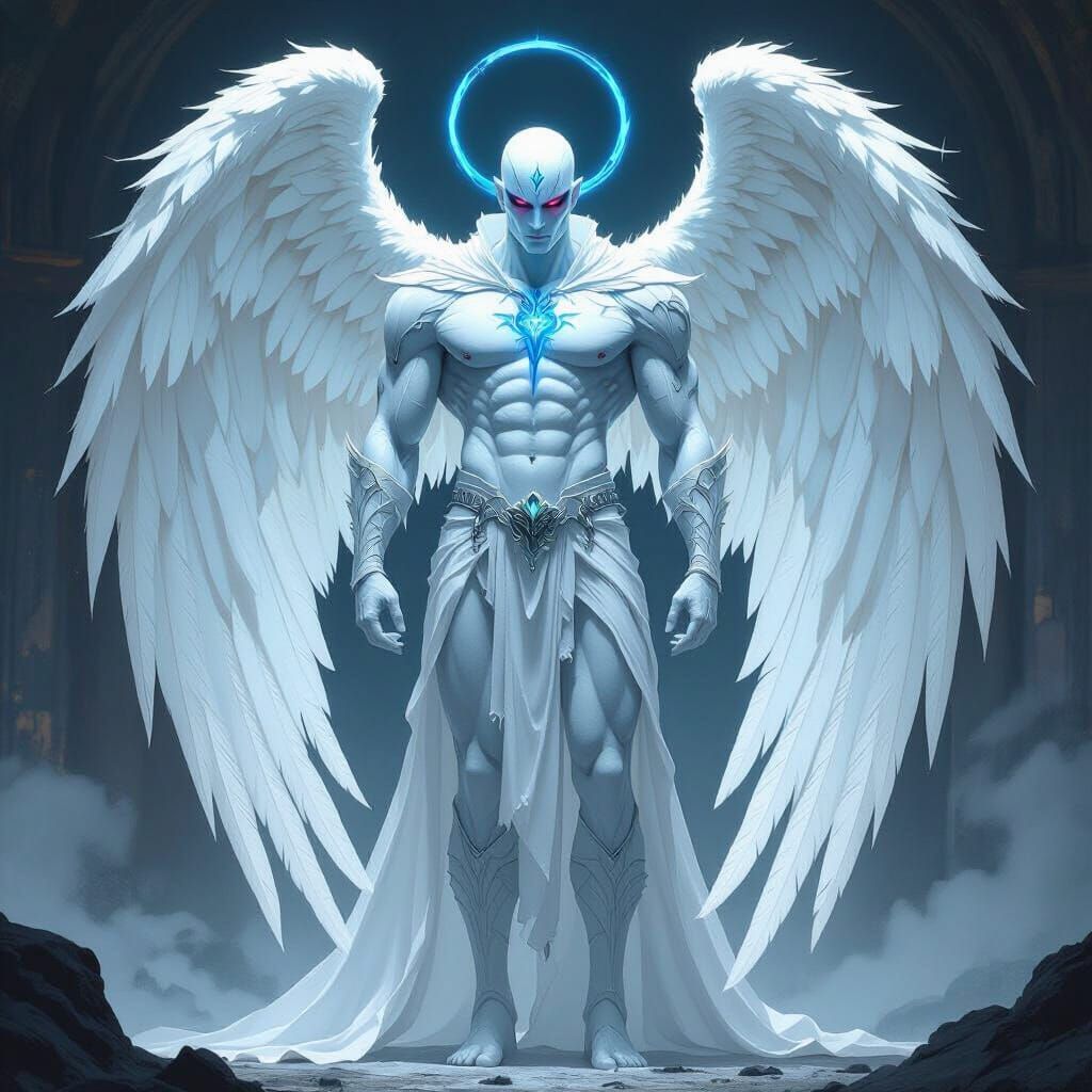 Towering Fallen Angel with Cyan Symbols