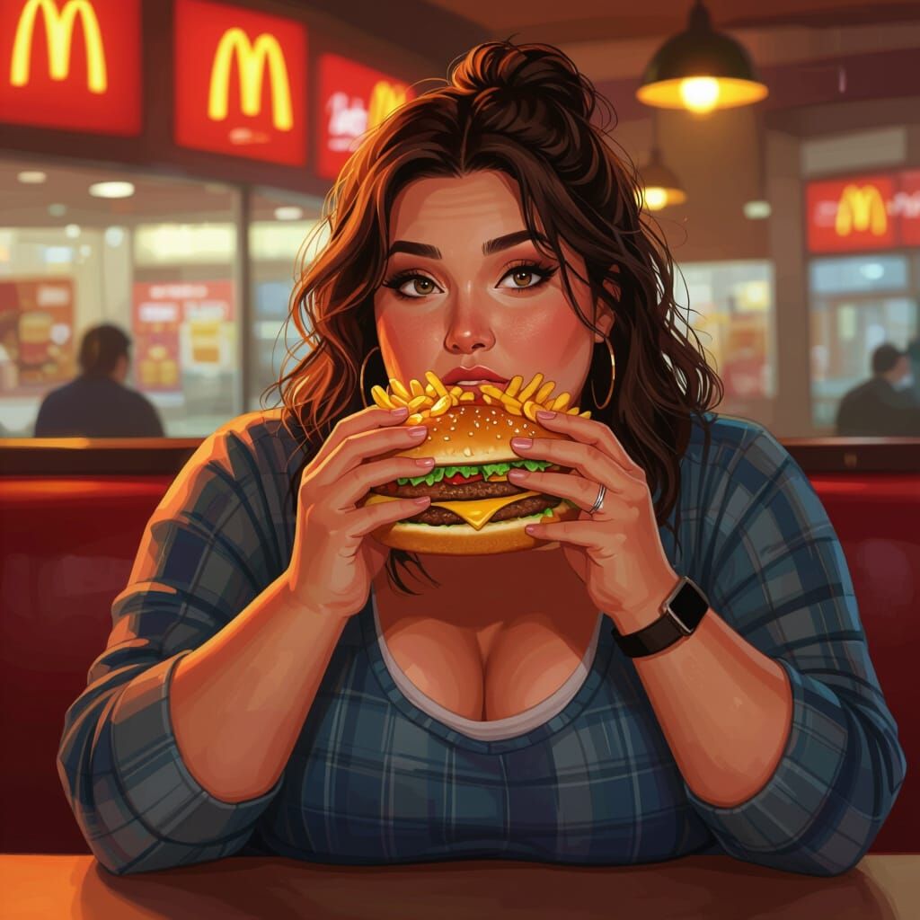 Woman Eating McDonald's: Digital Painting with Warm Lighting
