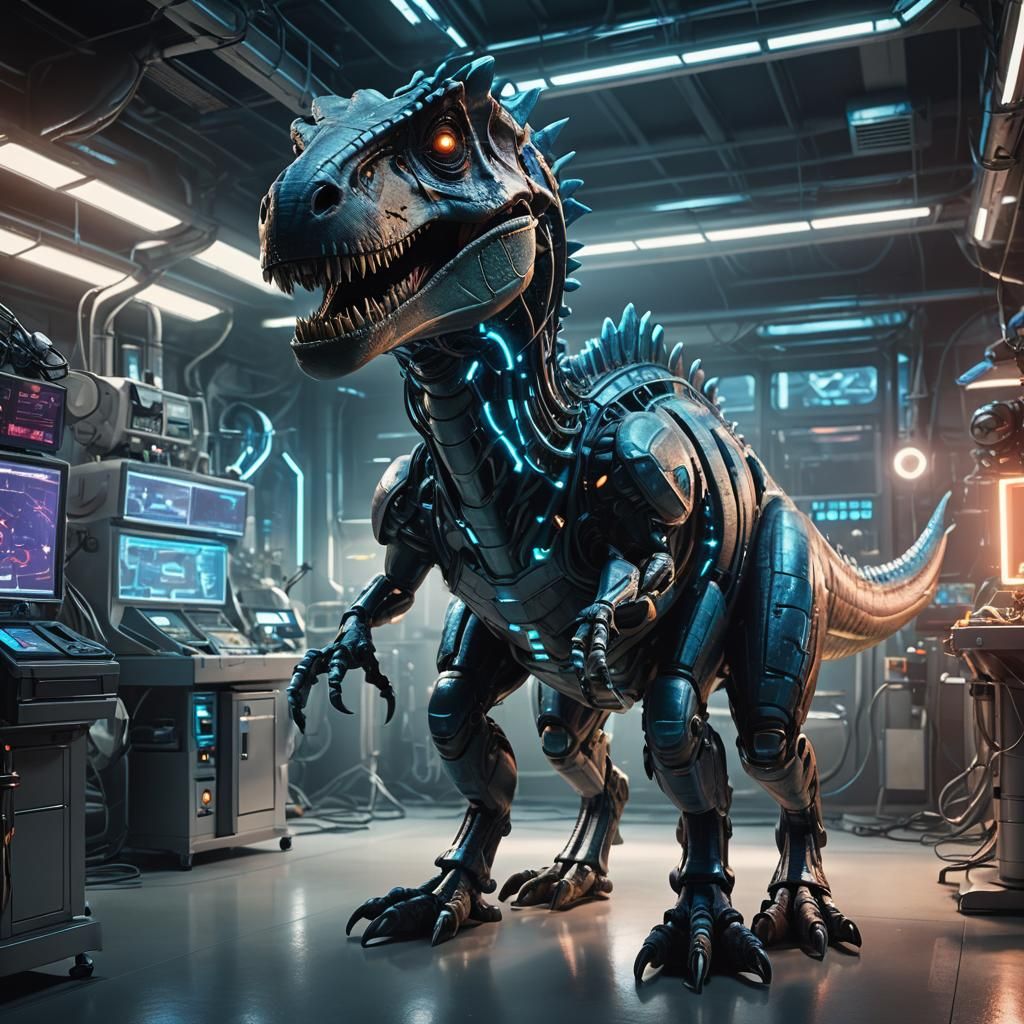 Dinosaur in Futuristic Lab: Neon Cyberpunk Concept Art