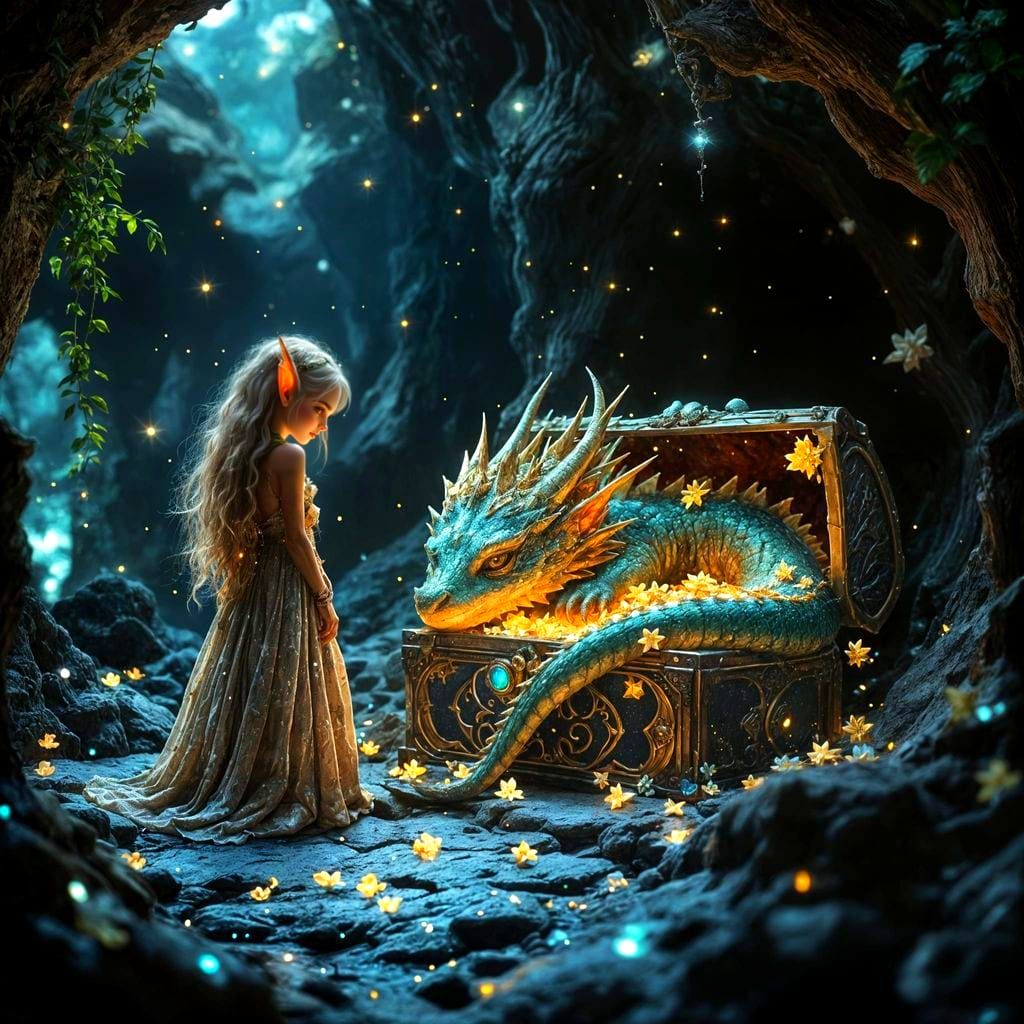 Fantasy Treasure Chest with Dragon and Elf