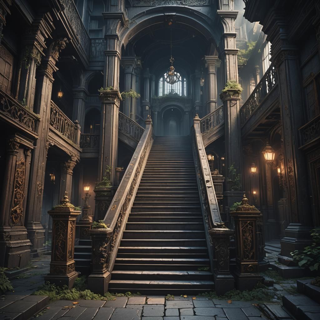 Fantastical Dark Staircase in Detailed Matte Painting