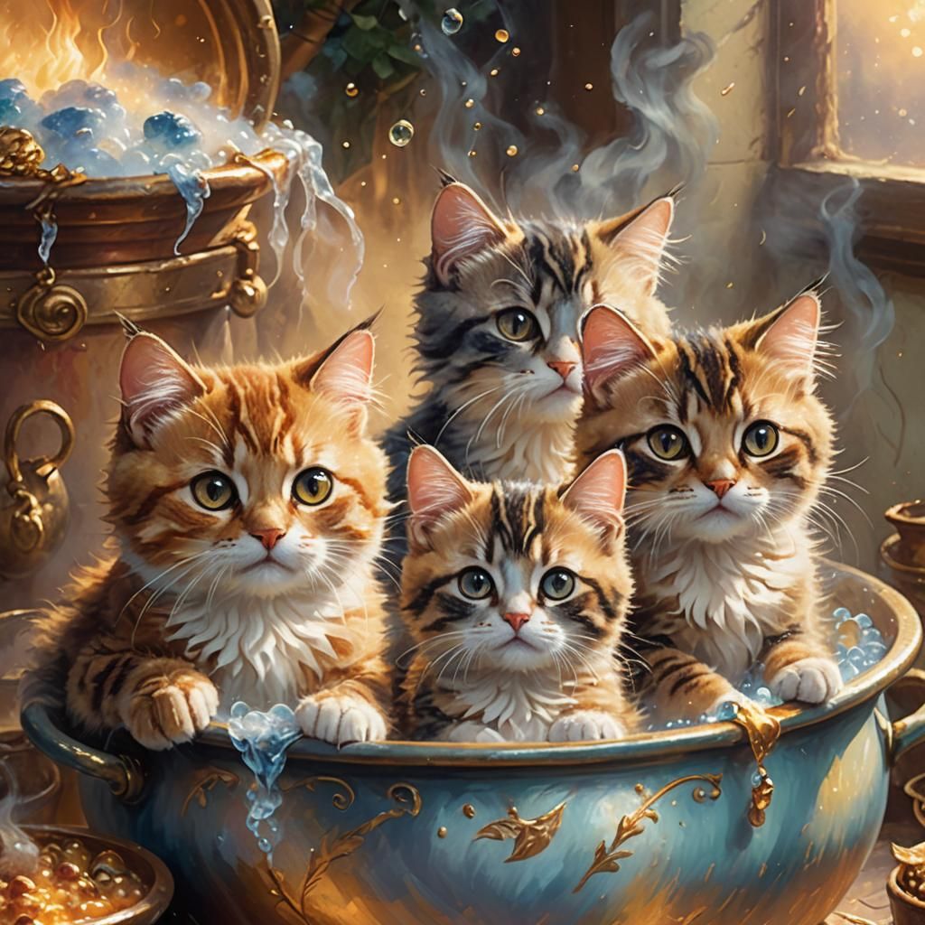 Cats in a Pot: Ethereal Fantasy Oil Painting