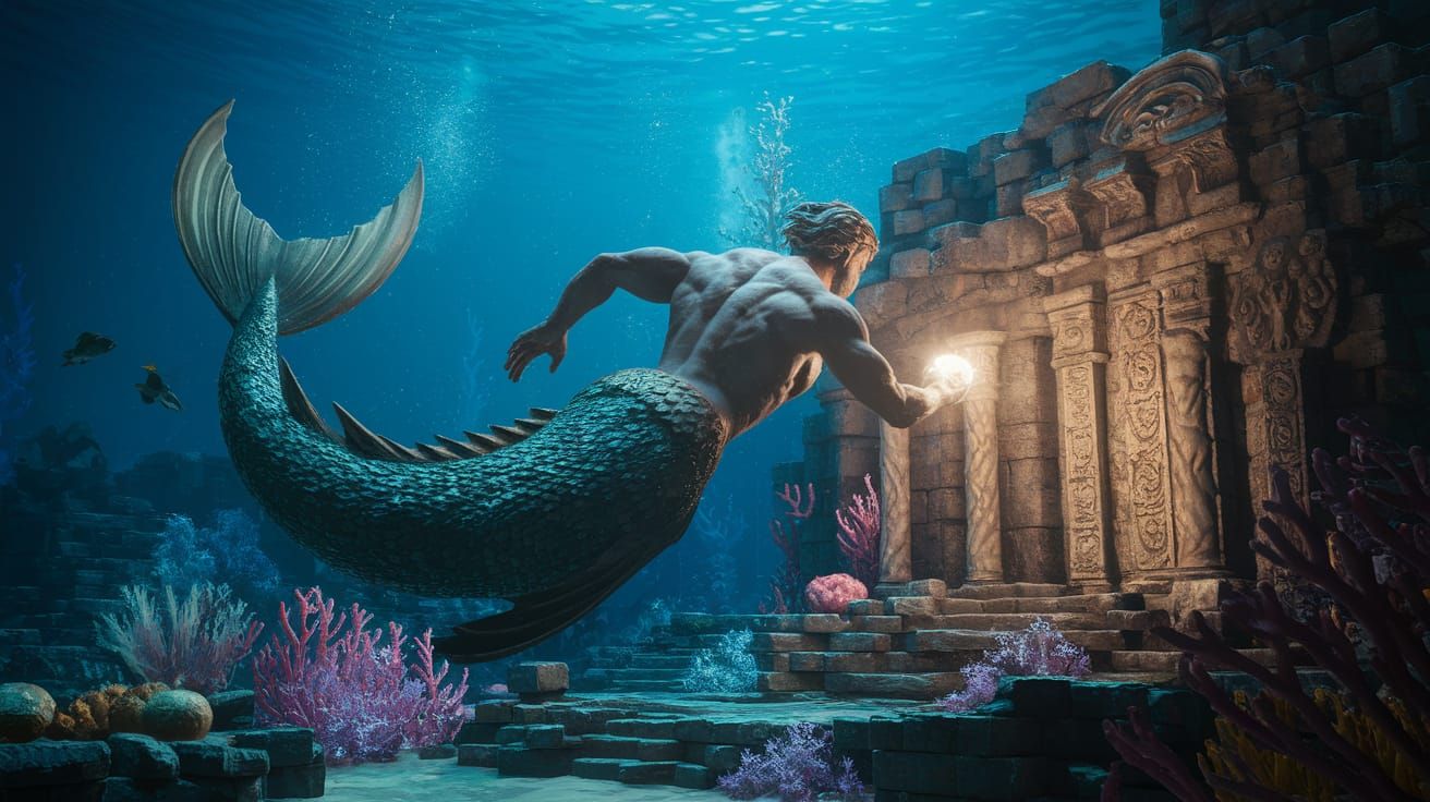 Merman Explorer Discovers Underwater City in Seascape Style