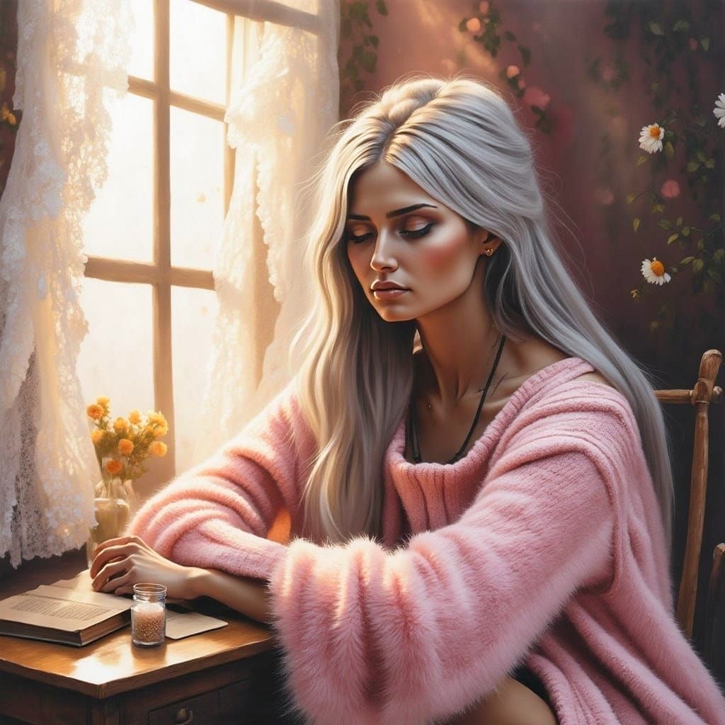 Watercolor Portrait of a Gentle Man in a Cozy Room