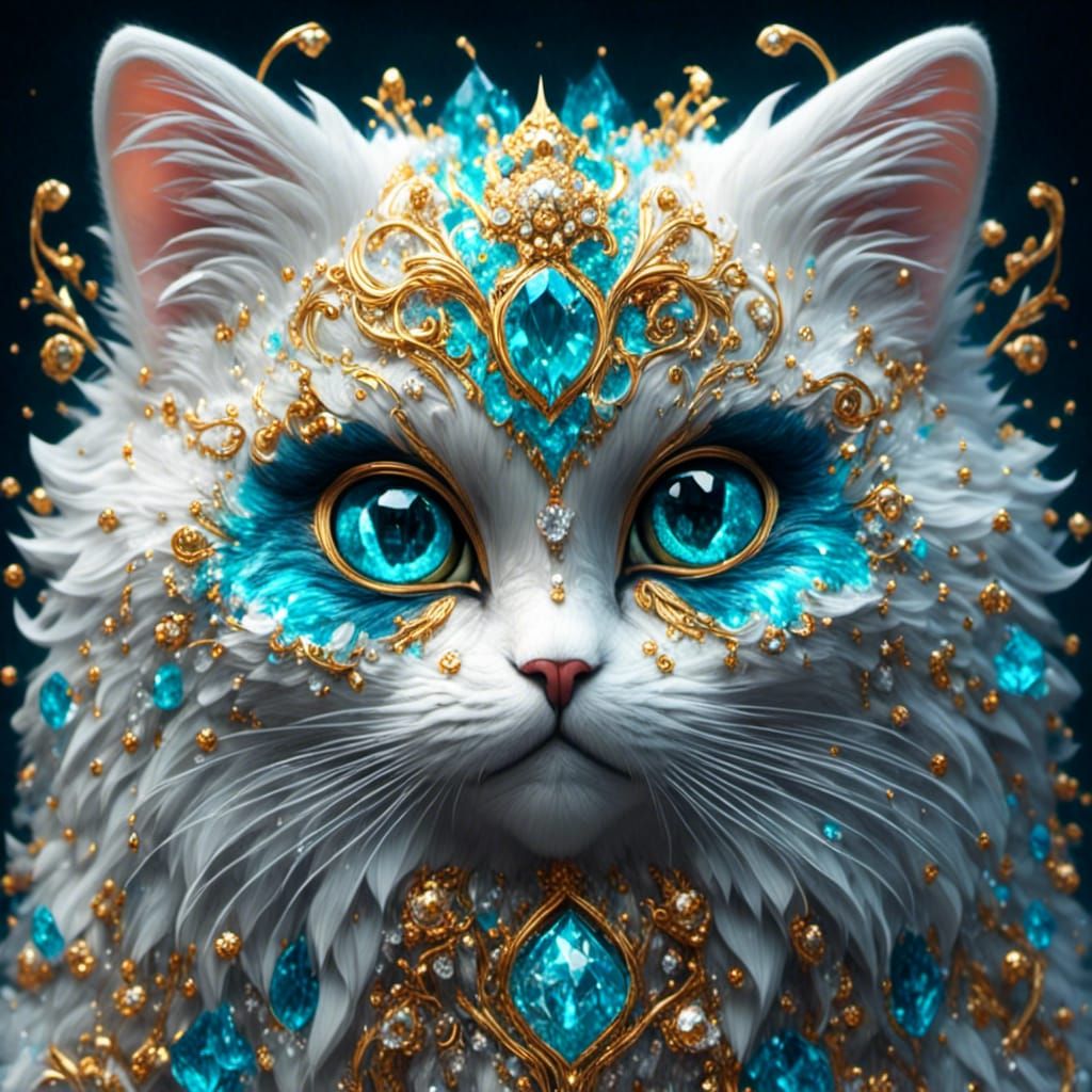 Bejeweled Black Cat Portrait in Hyperrealistic Style