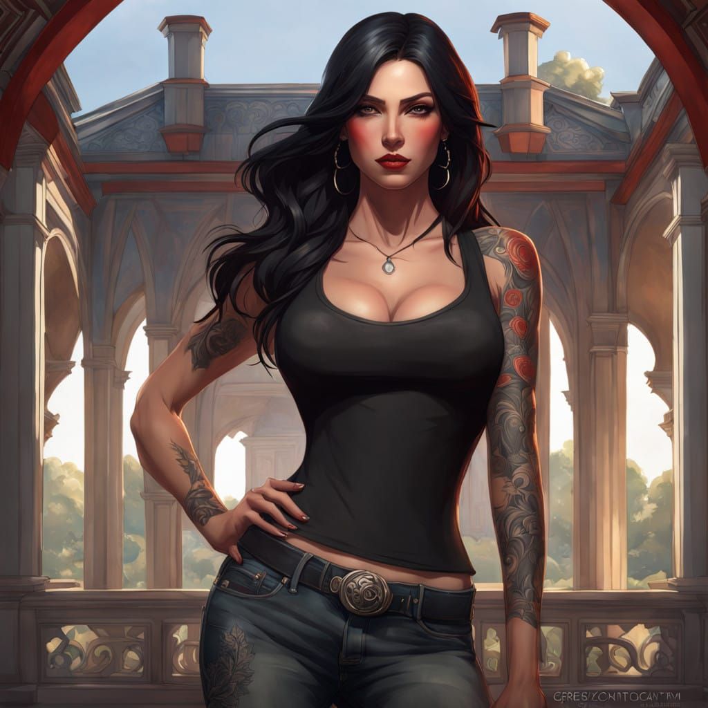 Elegant Woman Stands in Front of Grand Manor in Hyperdetaile...