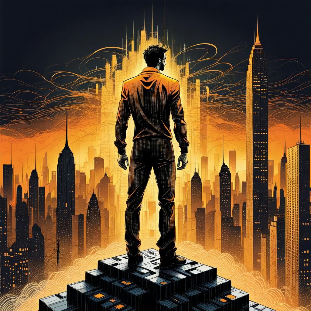 Gotham Skyline in Binary Code Lithograph Print