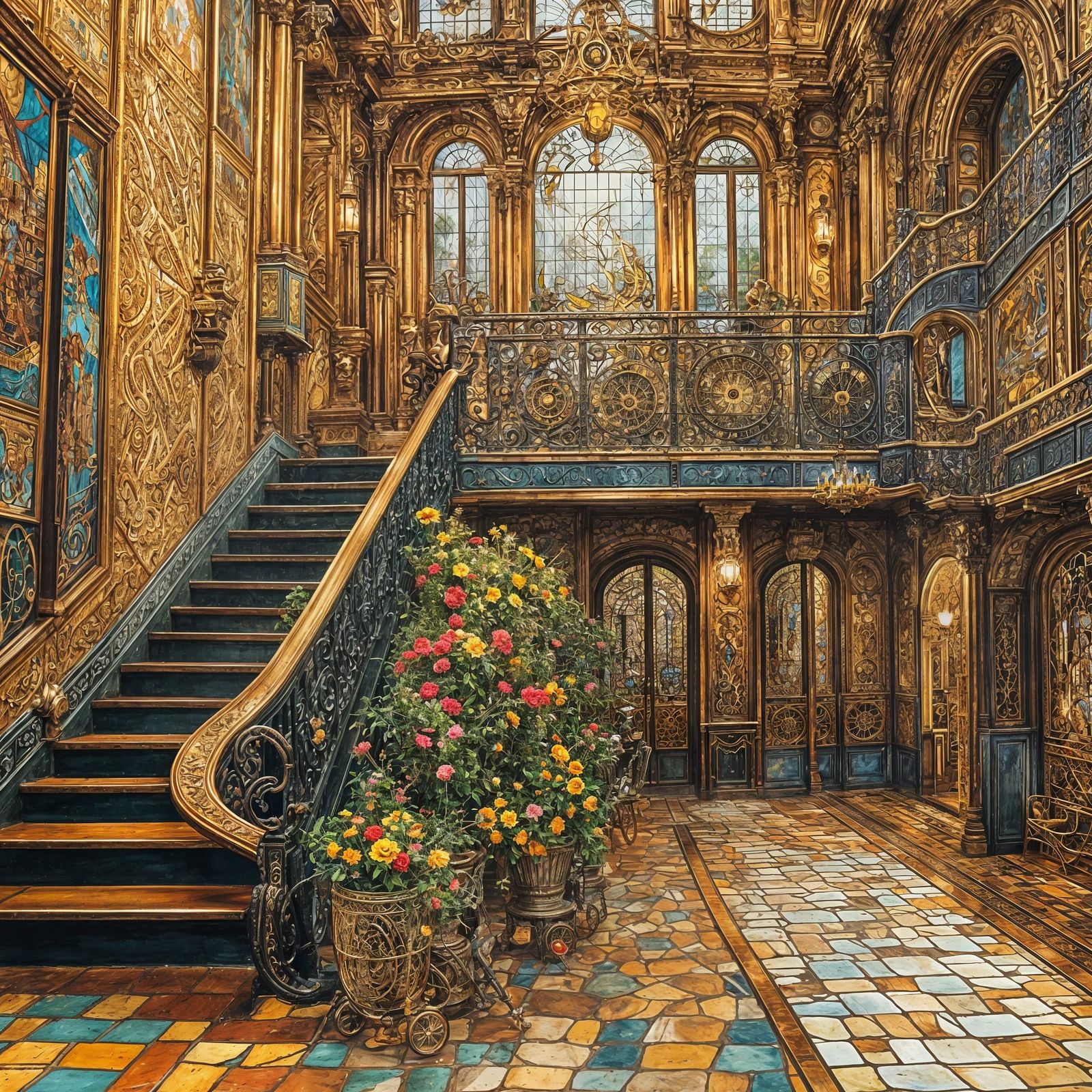 Steampunk Victorian Train Station in Klimt Gouache Style