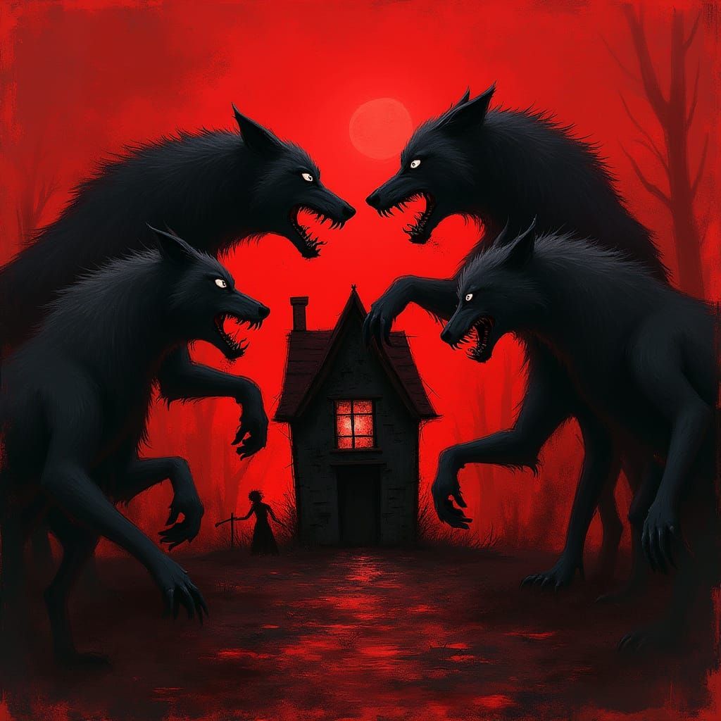 Dark Fantasy Wolves Devour a Haunted House in a Blood-Red Ni...