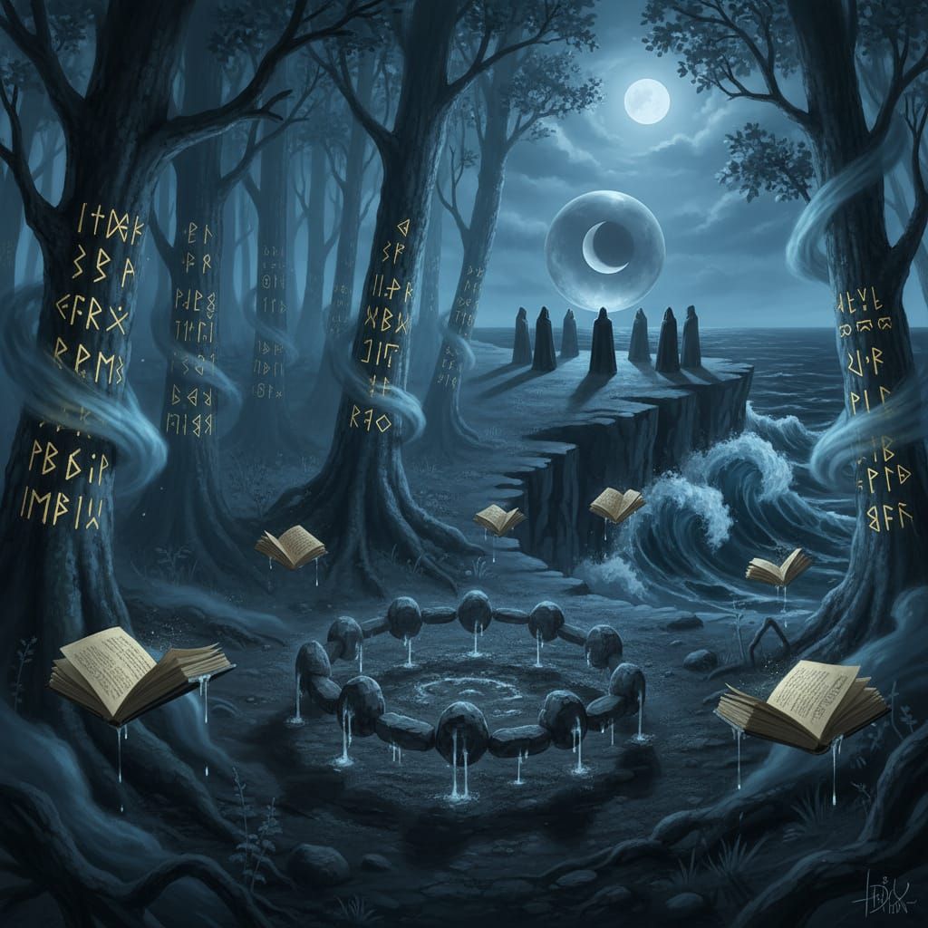 Enchanted Midnight Forest with Glowing Runes and Floating Bo...