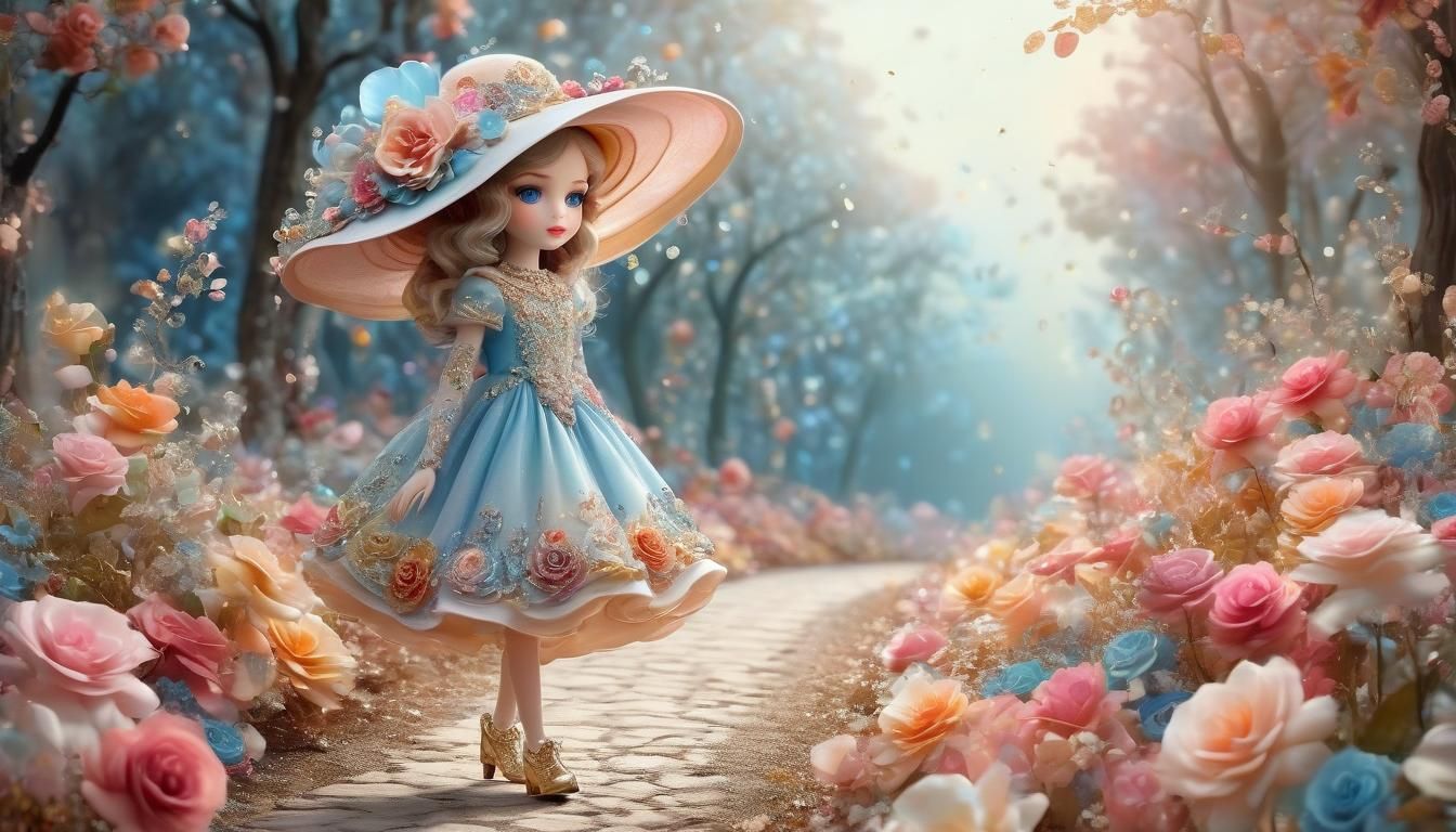 Girl with Flowered Hat in Watercolor Art Style