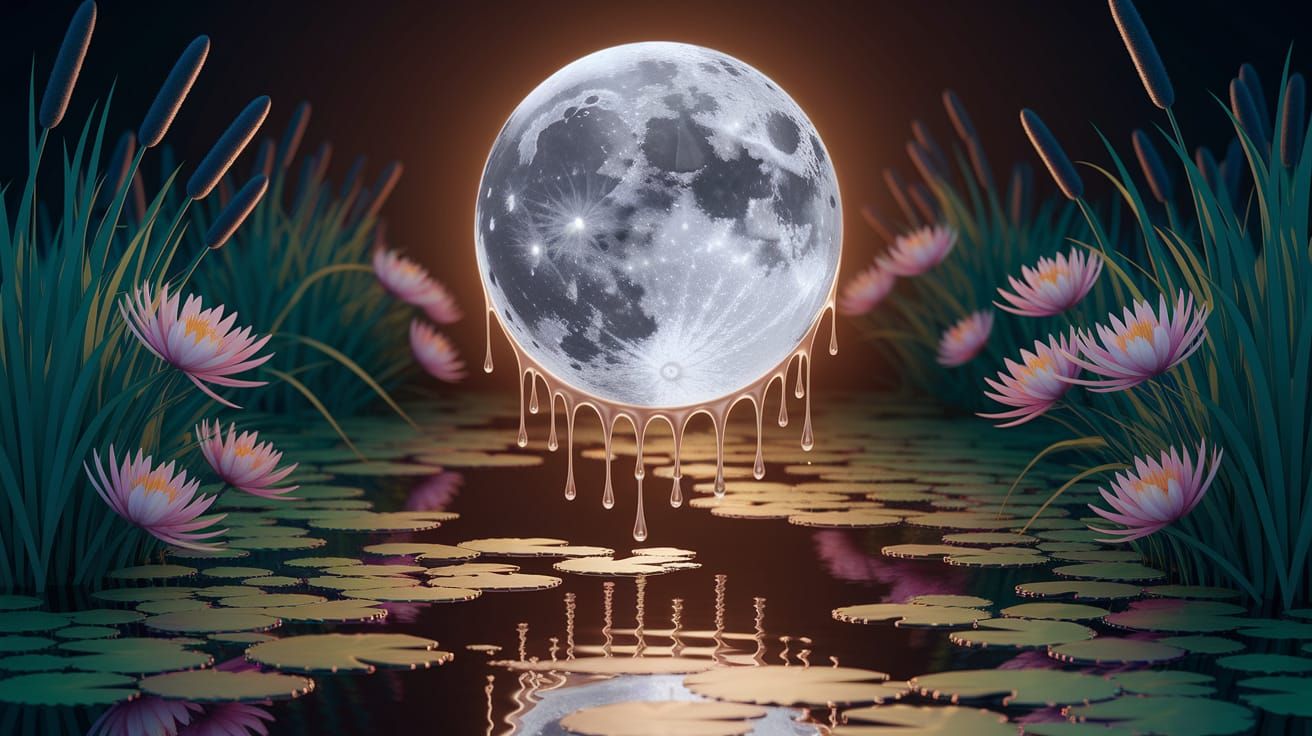 Melting Full Moon Reflected in Lily Pond Airbrush Art