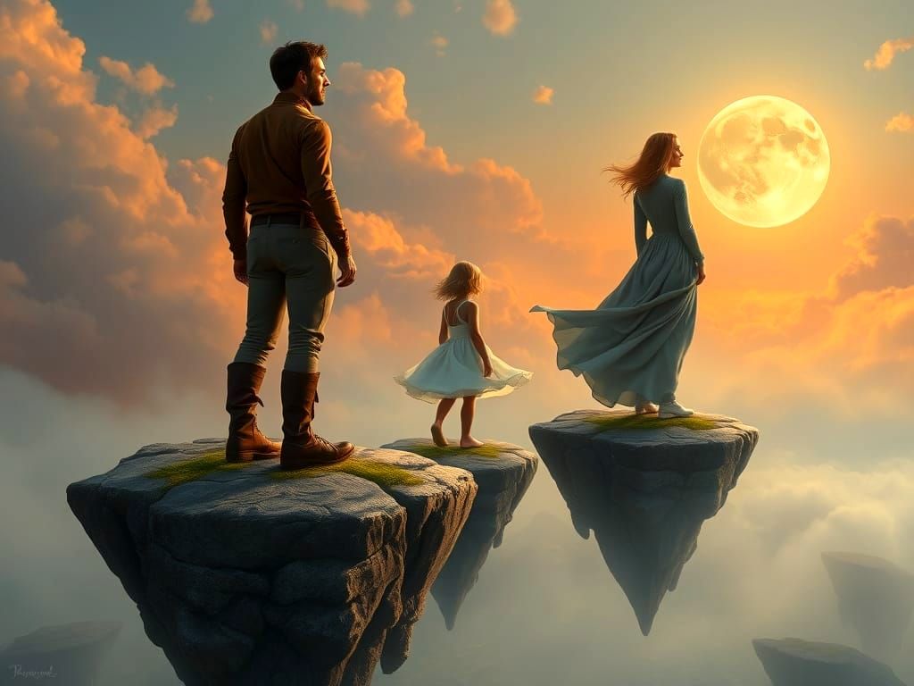 Ethereal Fantasy Islands with Figures and Moon