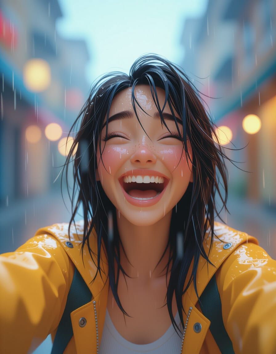 Woman Laughing Taking Selfie in Rain, Pixar Style