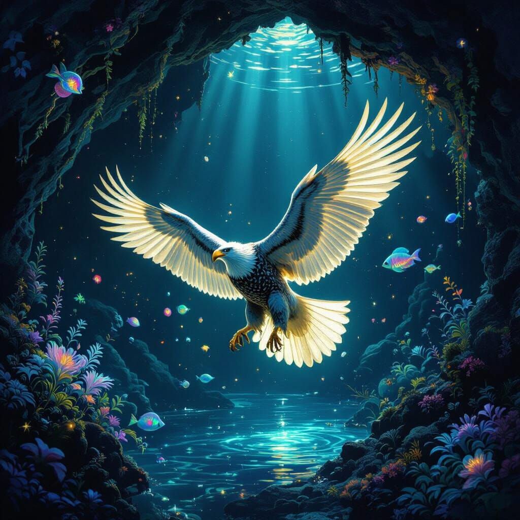 Bioluminescent Eagle Dancing in Alien Ocean