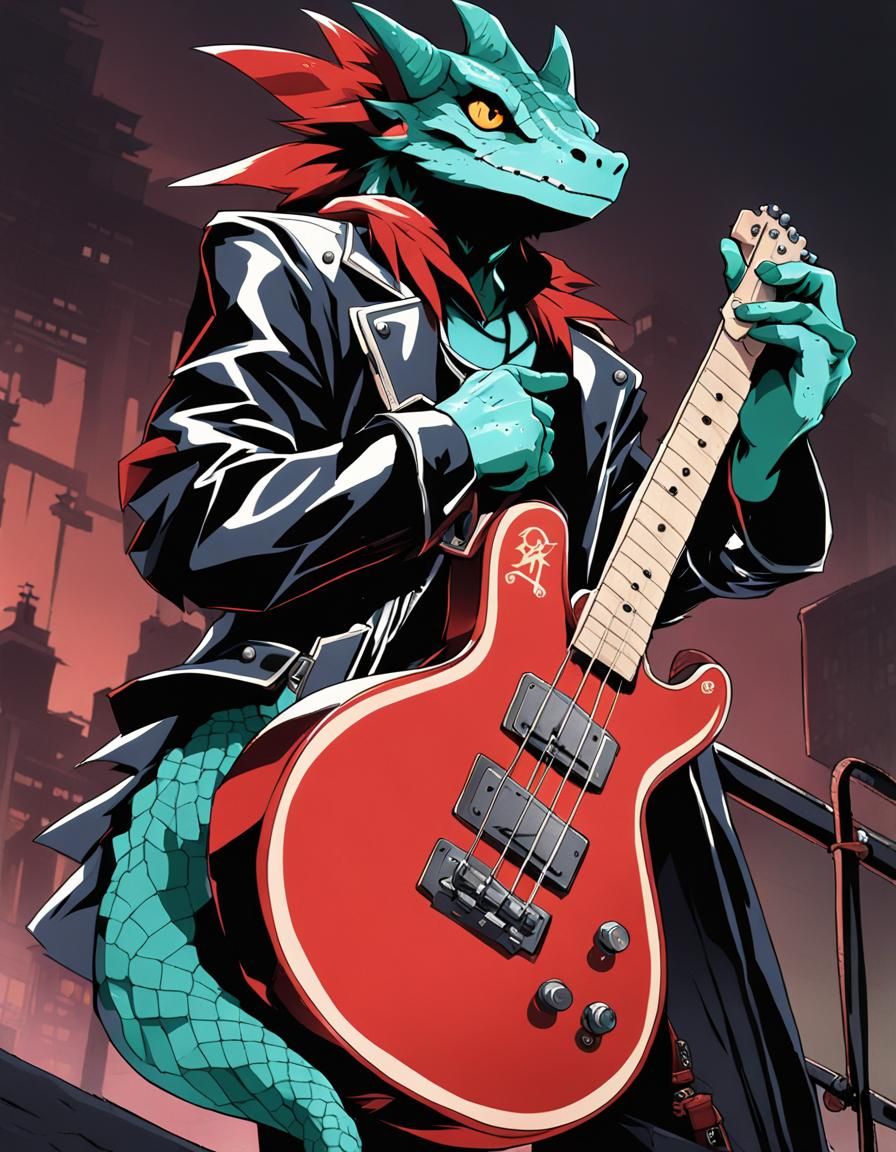 Lizardfolk Rocker in Anime Style with Axe Guitar