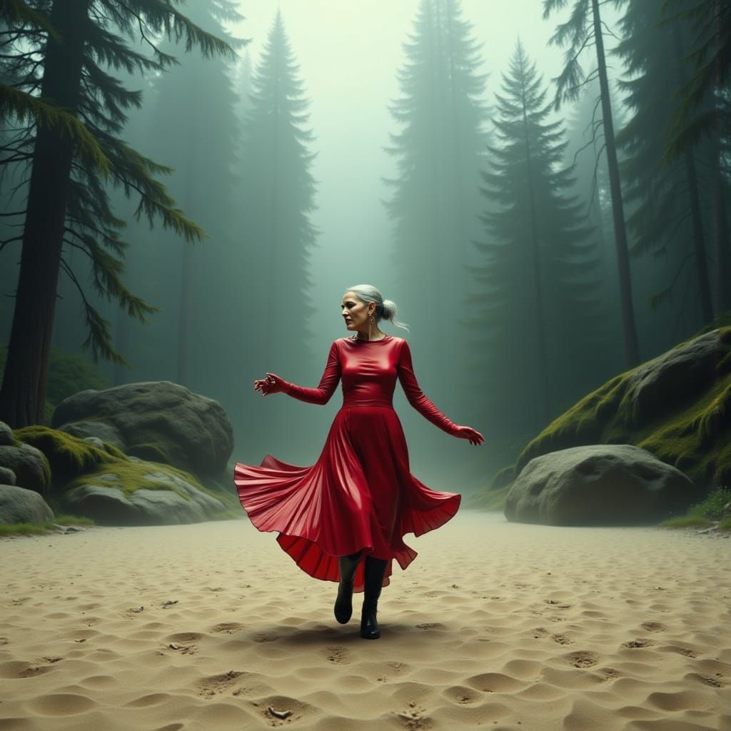 Elegant Elderly Woman Dances in Misty Forest Clearing