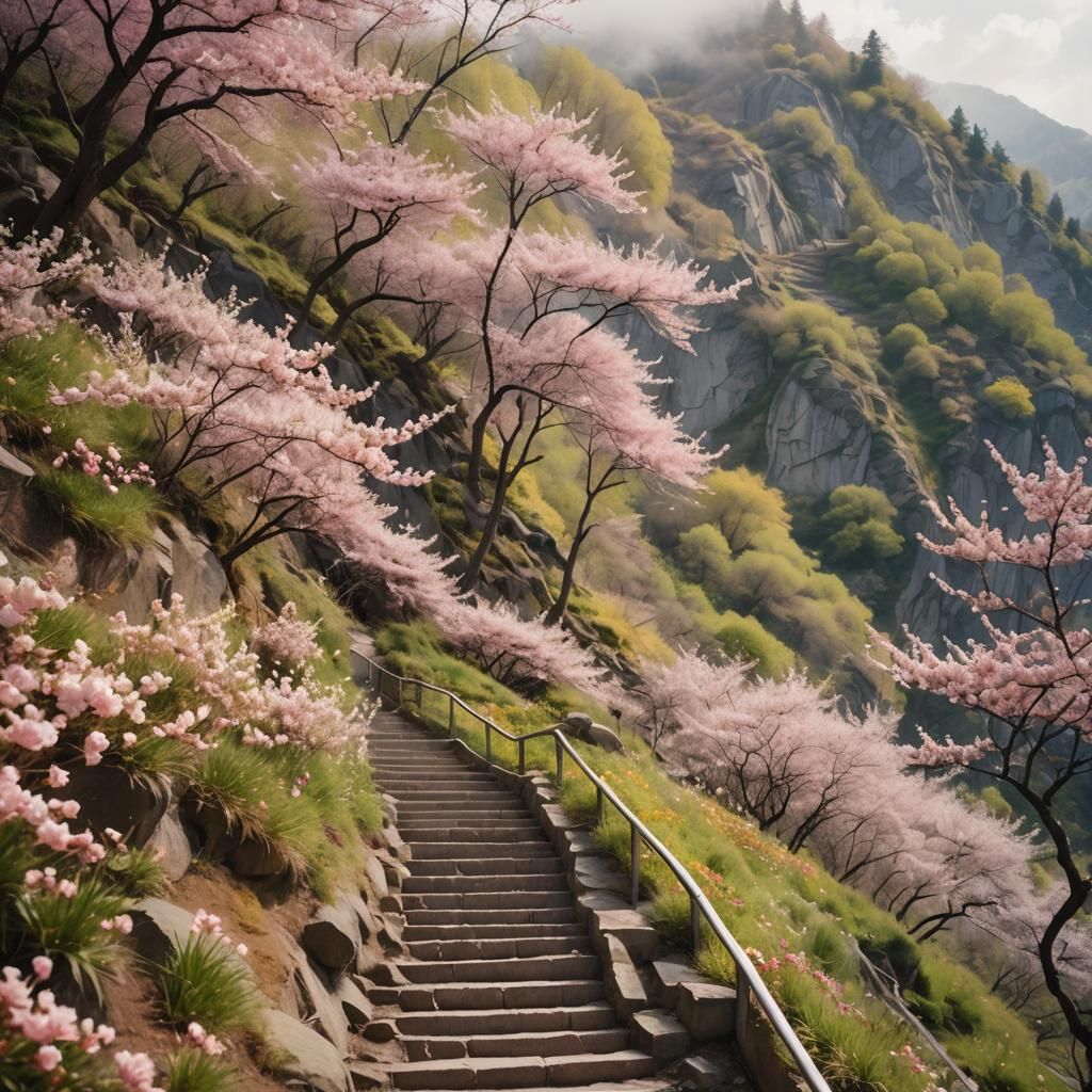 Ethereal Mountain Stairway with Blossoming Path