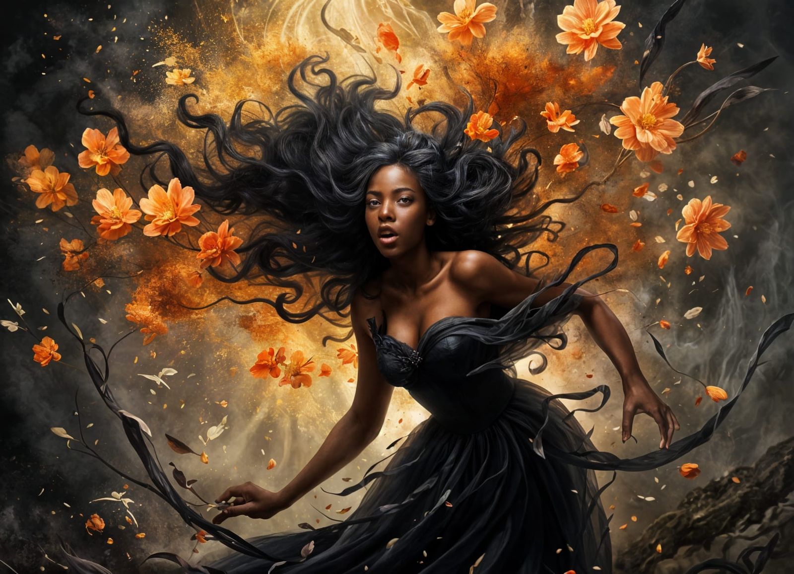 Startled Black Fairy Amidst Exploding Flower