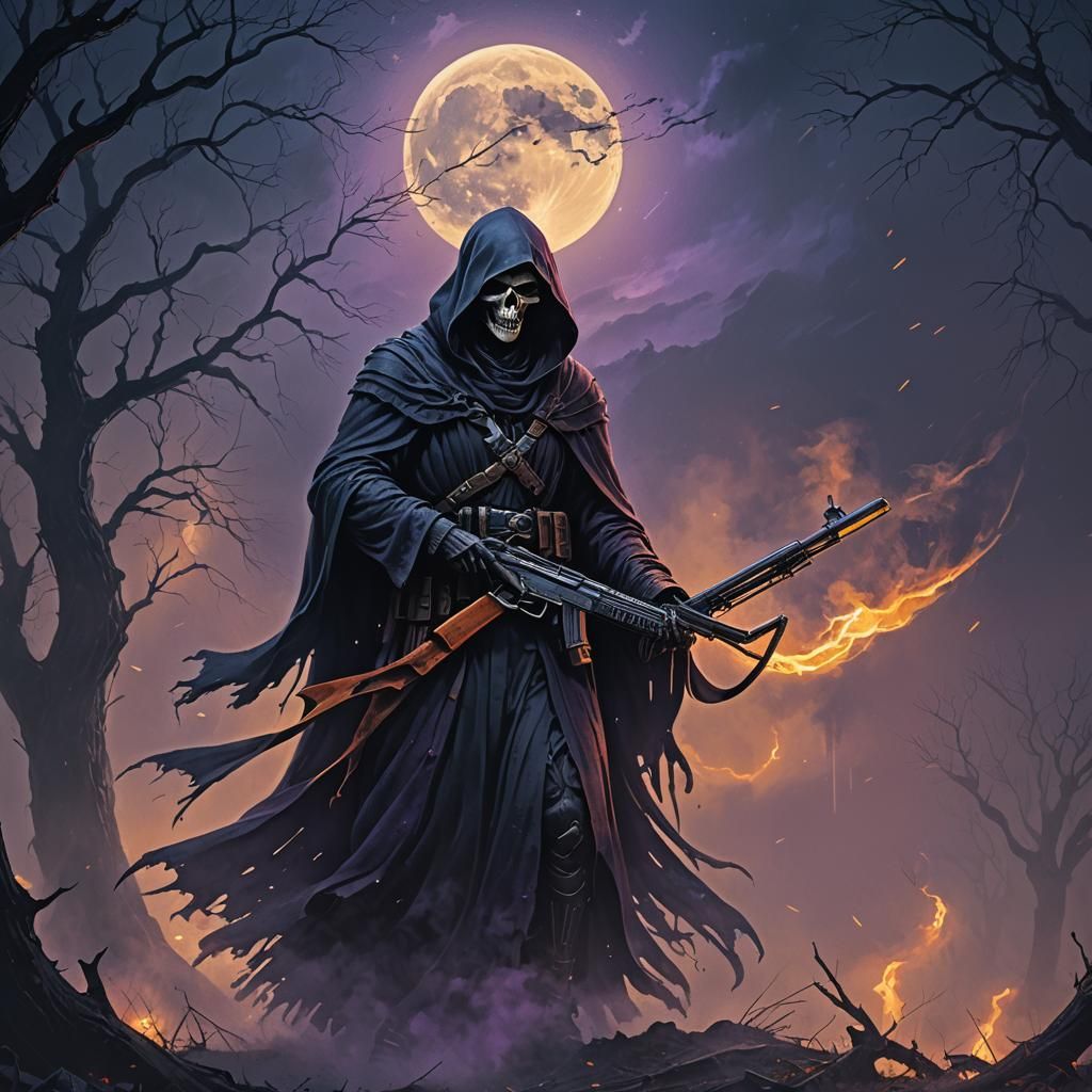 Grim Reaper with Assault Rifle in Dark Fantasy Art