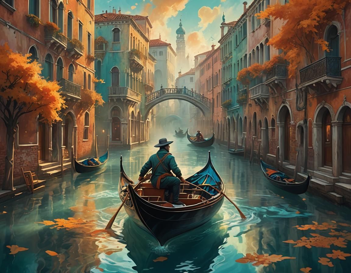 Venice in Autumn Mist: Cinematic Oil Painting
