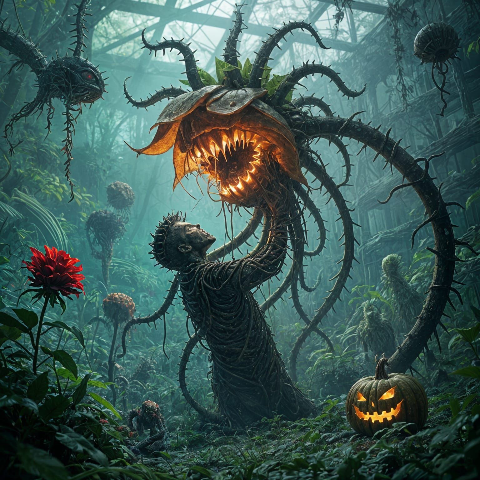 Biomechanical Flower Monster Strangling Man in Greenhouse