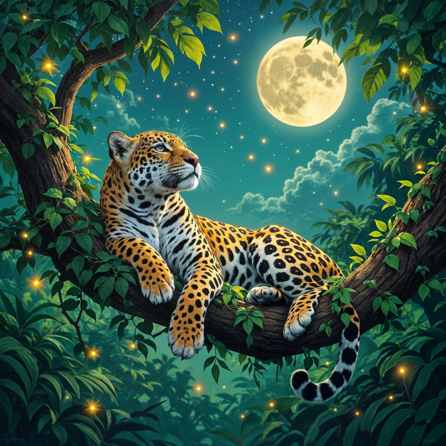 Elegant Jaguar in Jungle Under Moonlight