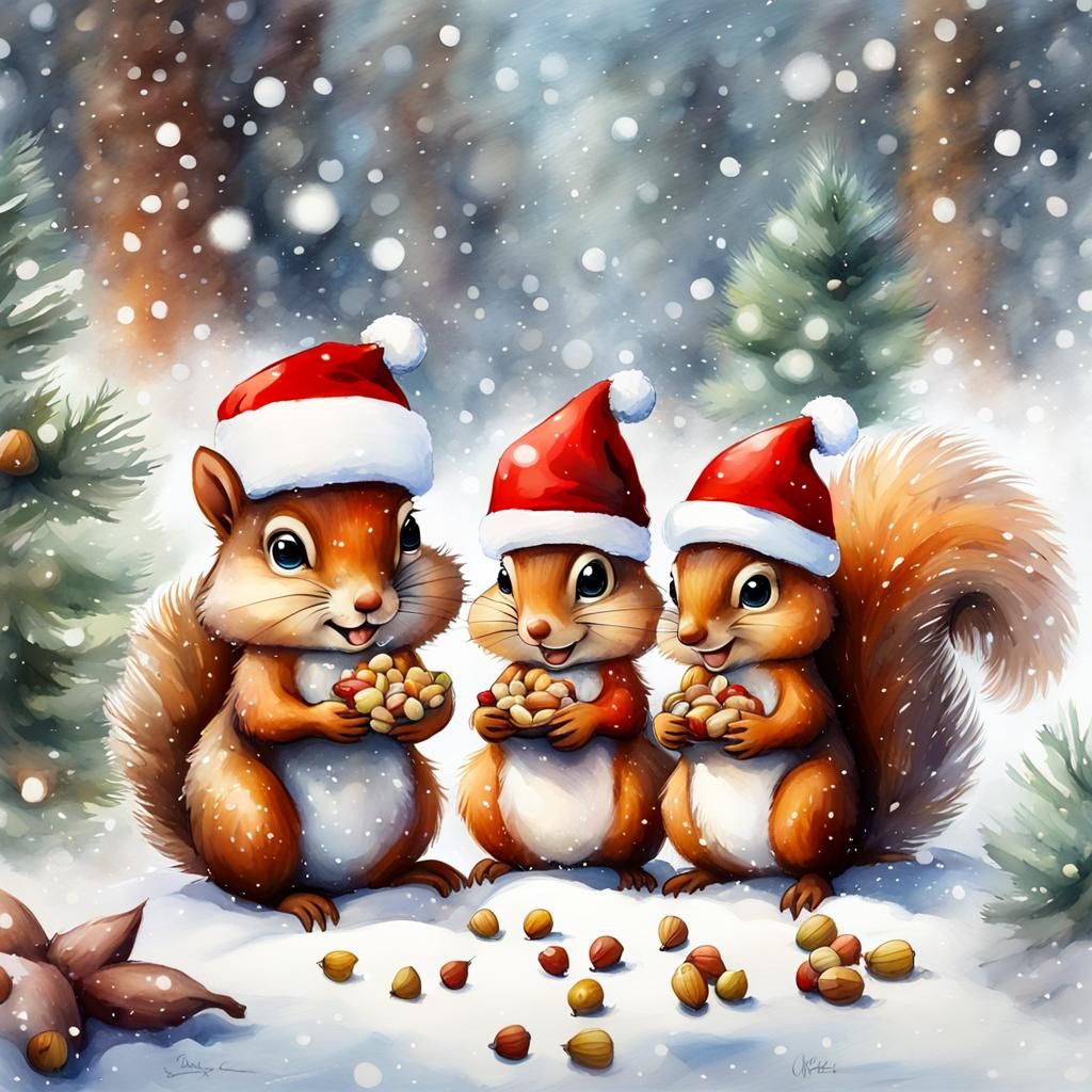 Chibi Squirrels Christmas Feast in Watercolor Style