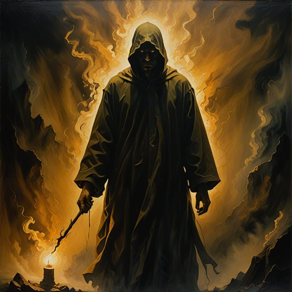 Surreal Figure Seeks Light in Ominous Darkness