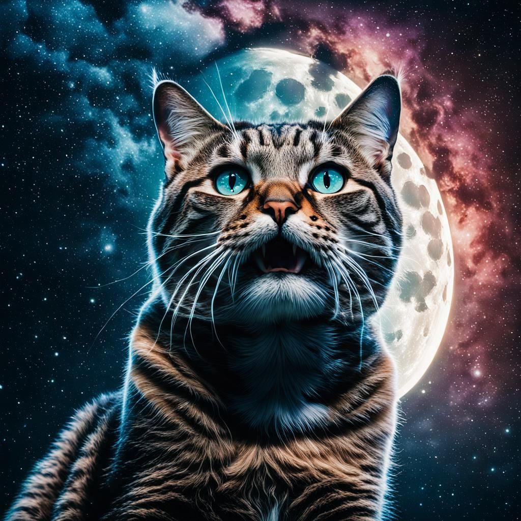 Milky Way Cat with Moon Face in Cinematic Style