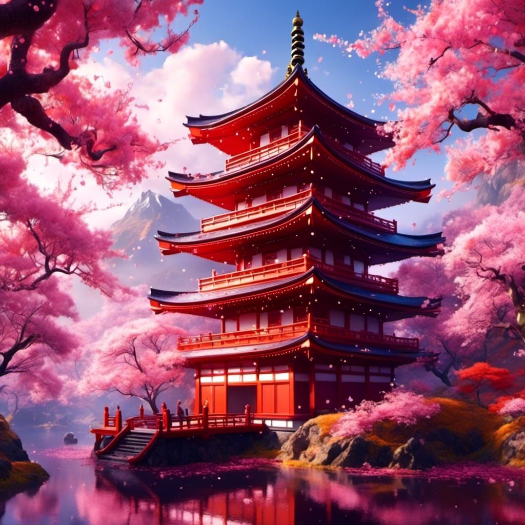 Japanese Pagoda Cake with Cherry Blossoms