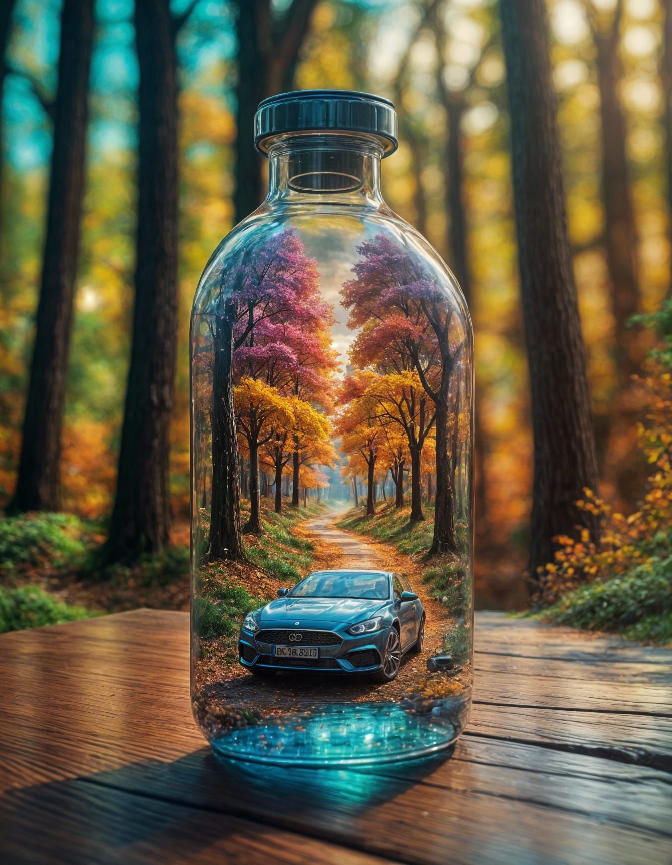 Toy Car in a Bottle: Hyperrealistic Fantasy Scene