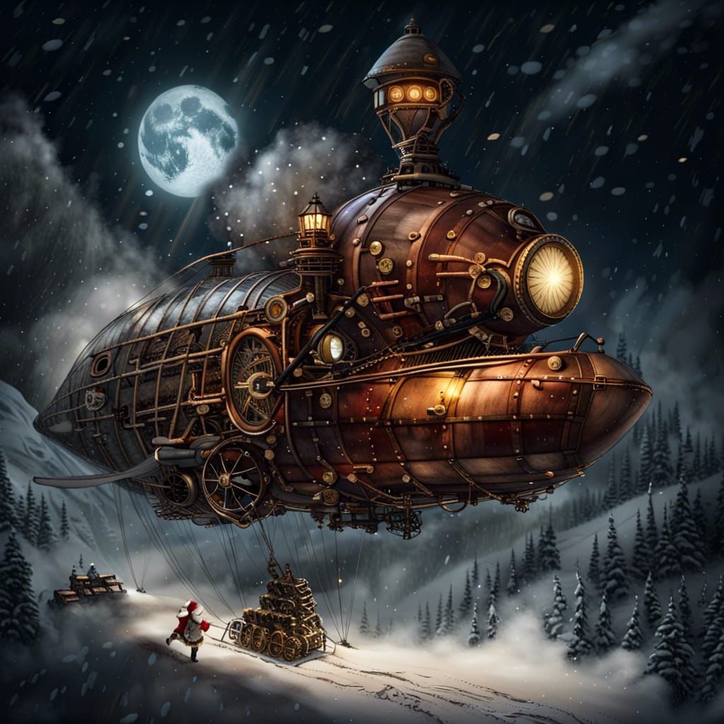 Steampunk Santa Airship Flight Through Snowy Mountains