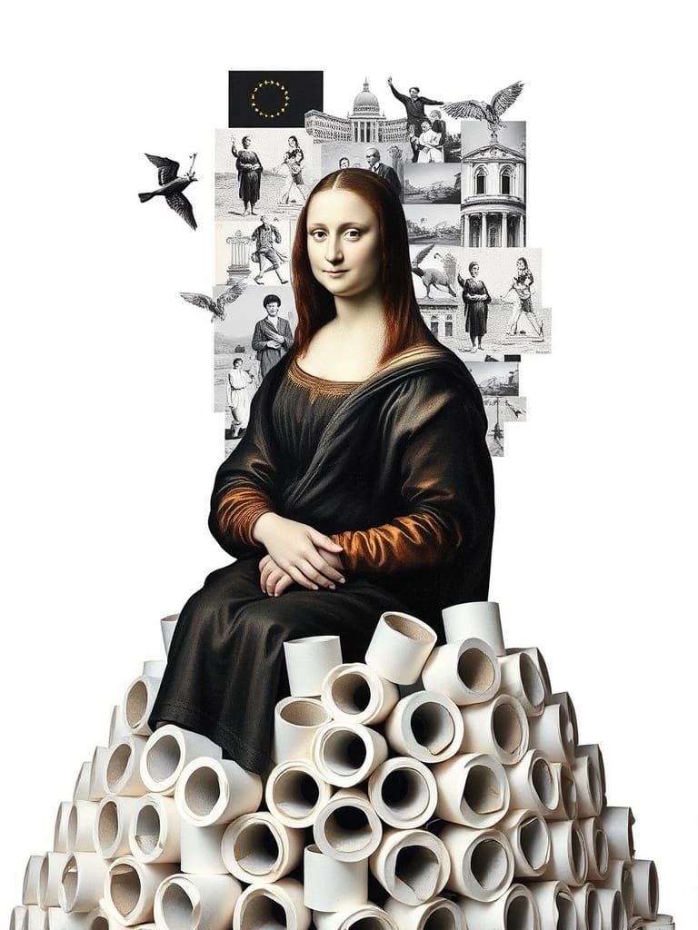 Mona Lisa on Toilet Paper Tower in Surreal Collage