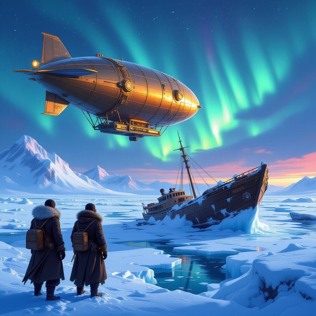 Steampunk Dirigible Over Arctic Wreckage Under Aurora
