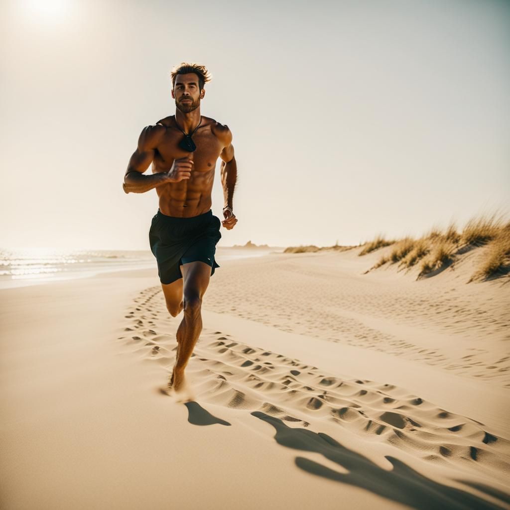 Athlete Running on Beach in Cinematic Style
