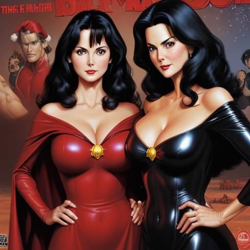 Lynda Carter and Catherine Bell in Leather Christmas Gowns