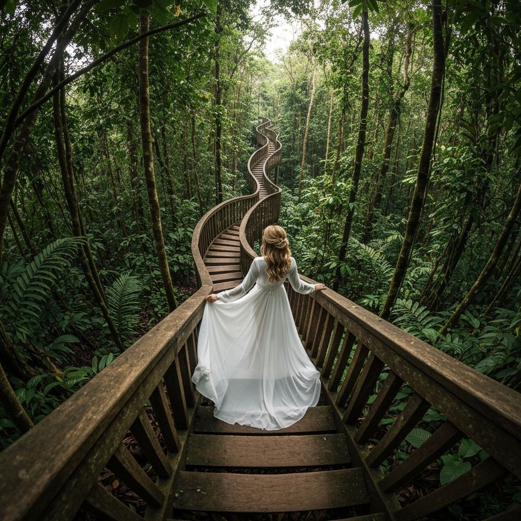 Woman Ascending Jungle Staircase in Flowing Dress