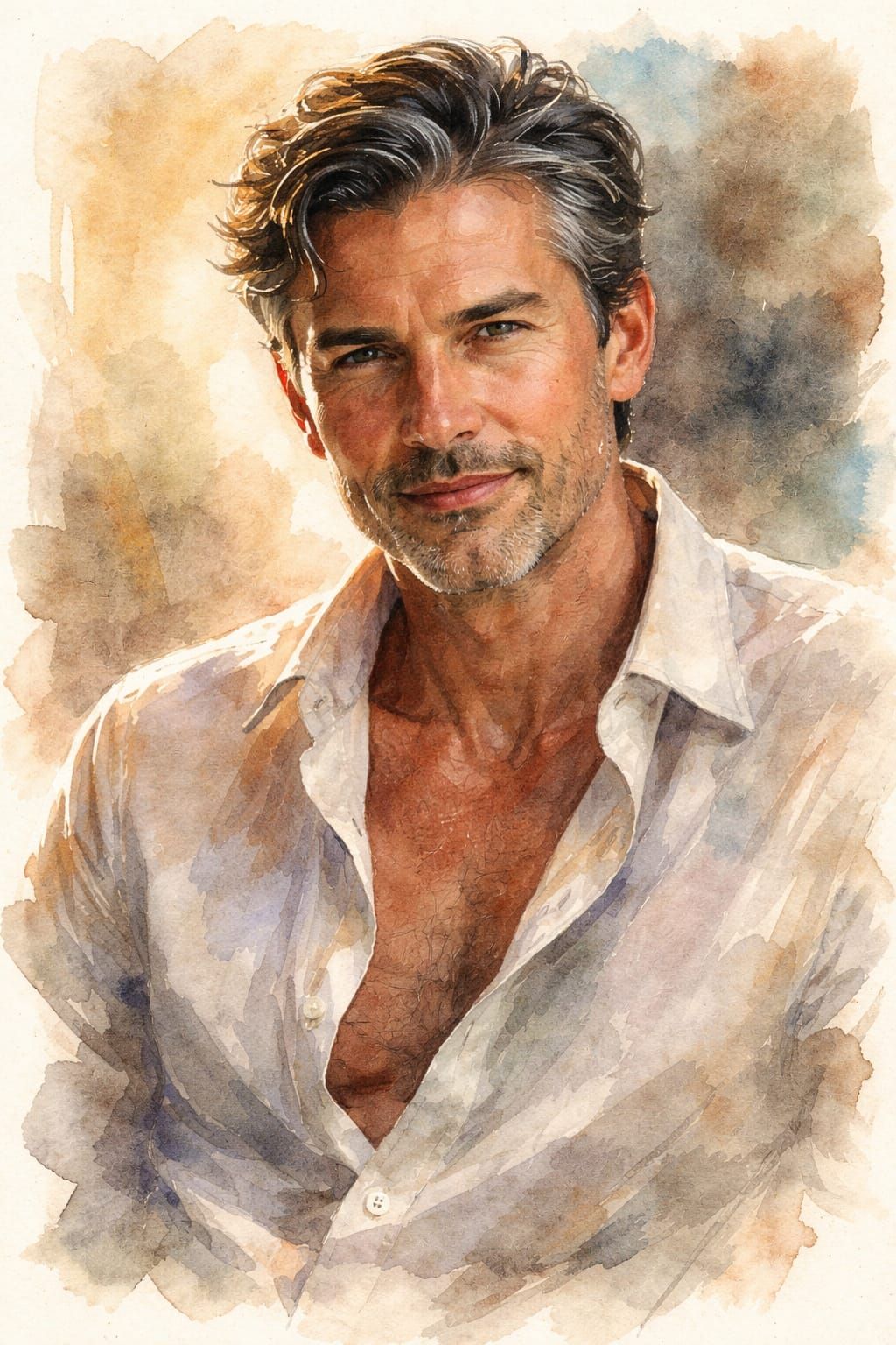 Watercolor Portrait of a Mature Man with Silver Hair