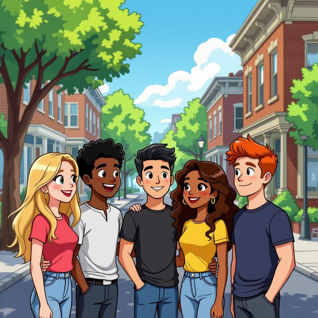 Diverse Cartoon Friends Chatting on a Sunny Street