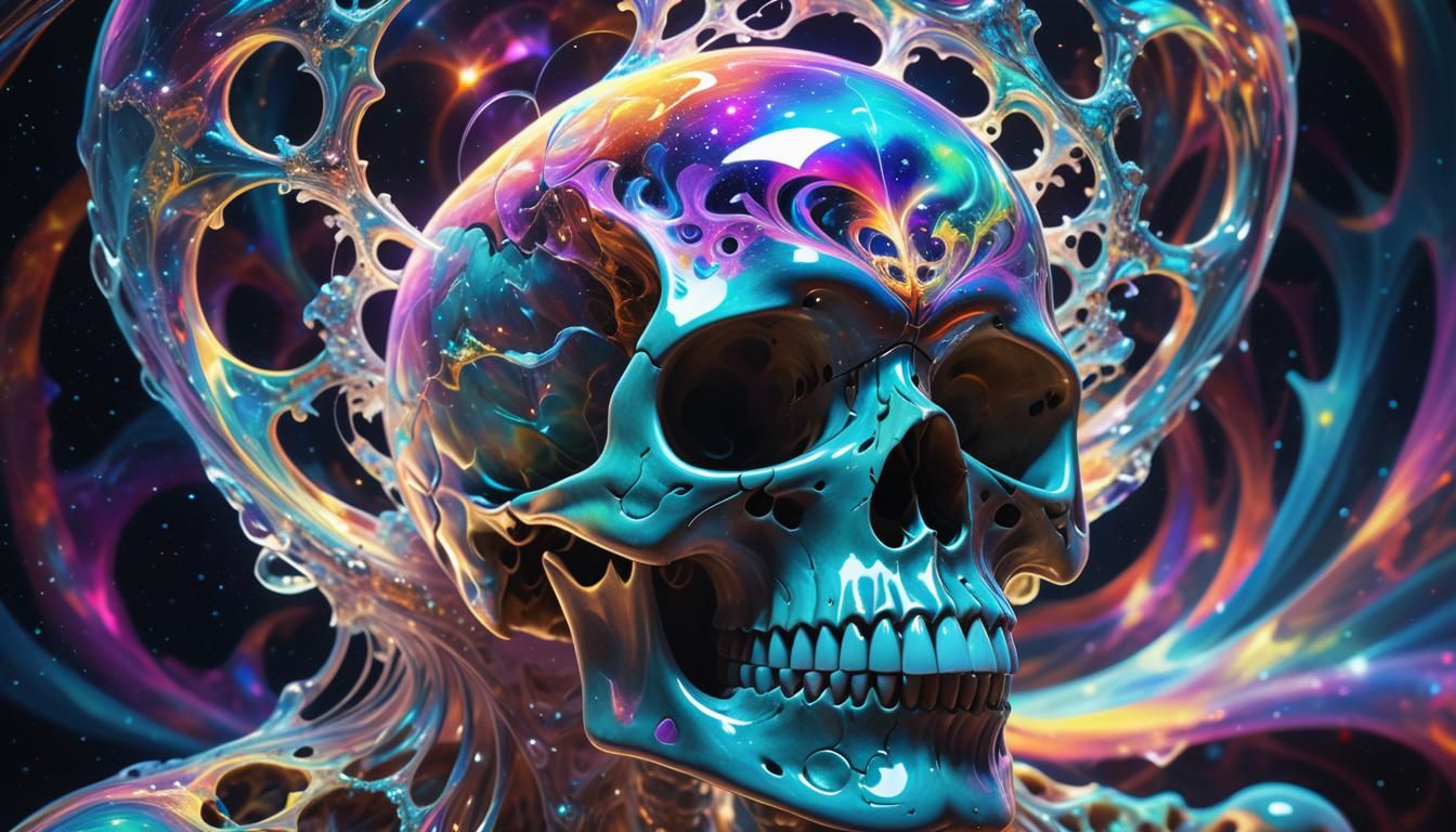 Surreal Crystalline Skull in Fractal Space-Time Vortex