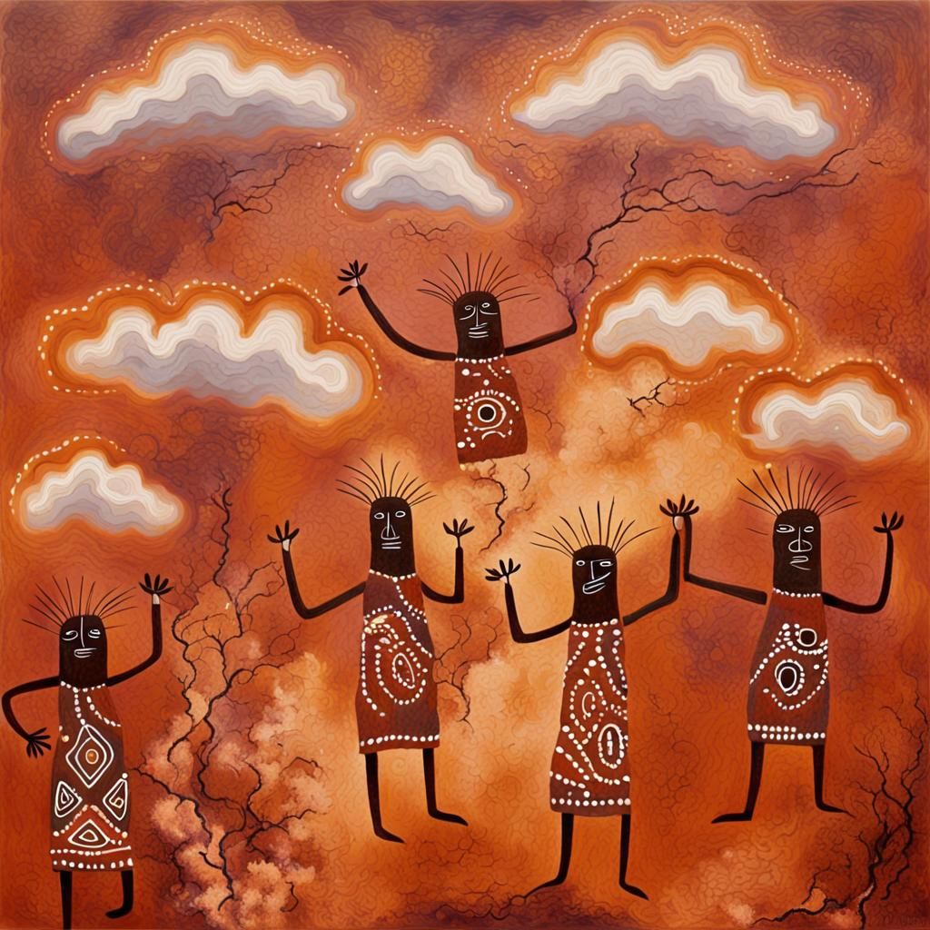 Wandjina Spirits Emerging in Aboriginal Rock Art Style