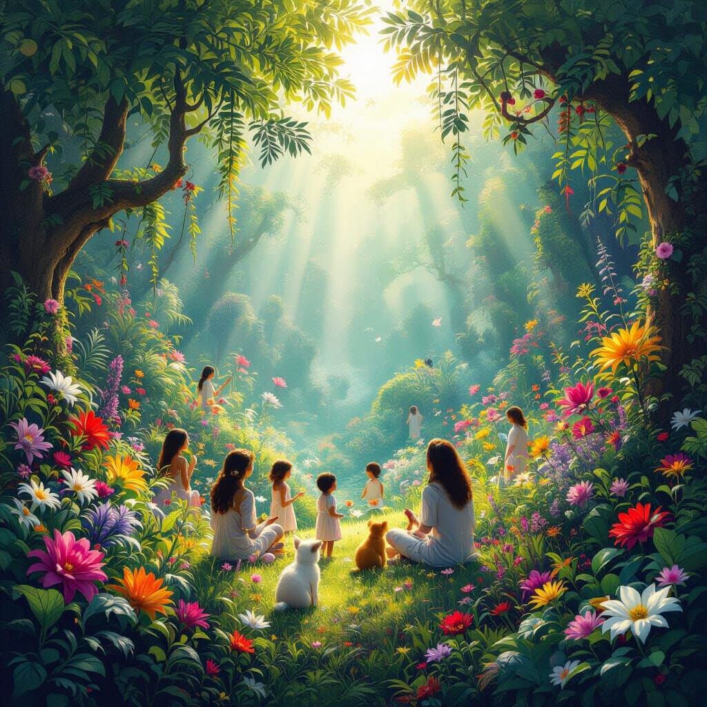 Joyful Garden of Eden with Animals and People